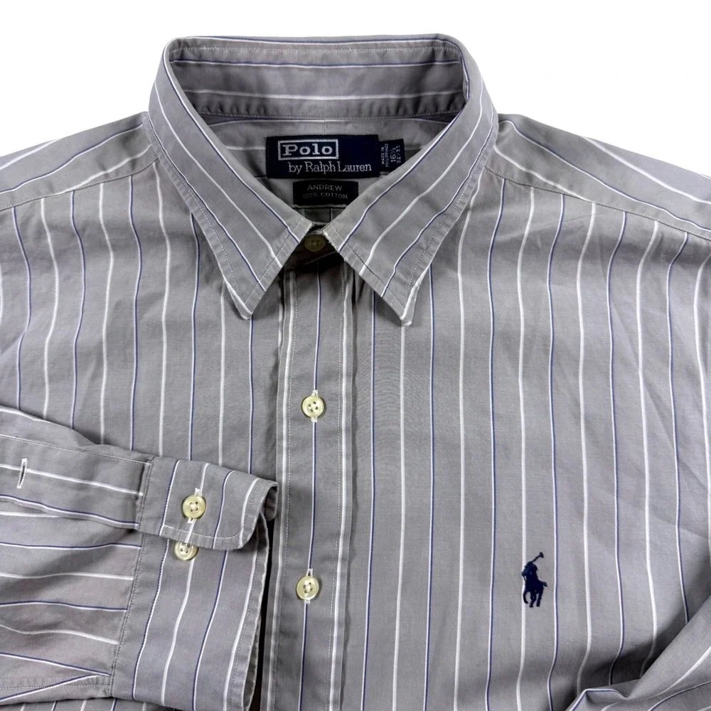Polo Ralph Lauren Andrew Shirt Mens 16.5 32/33 Grey Blue Striped Vintage Cotton